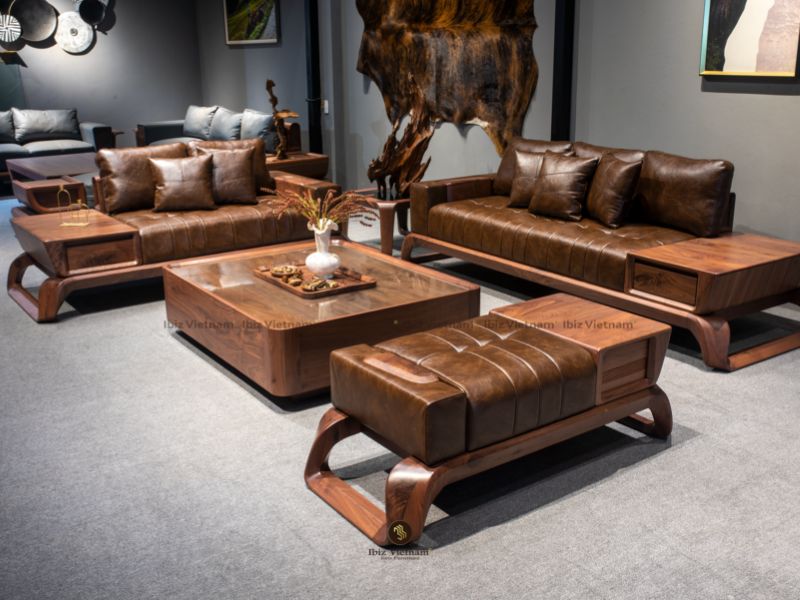 Sofa gỗ óc chó phong cách tân cổ điển với chất liệu da cao cấp